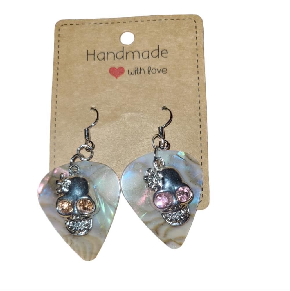 3/$30 Handmade Greyish Guitar Pick With Skull and Orange Crystal Eye L4